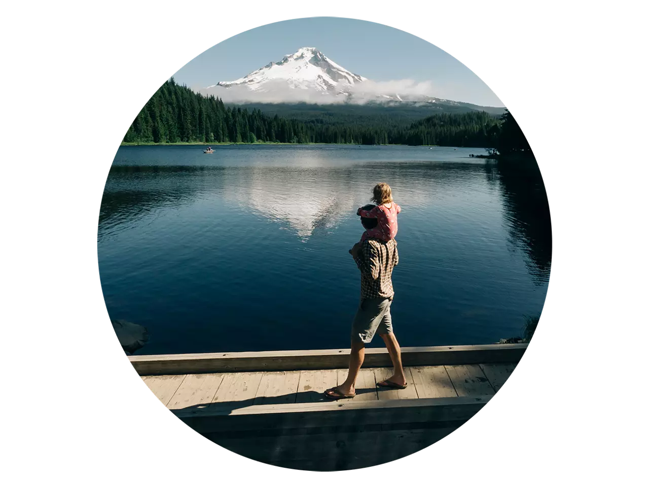Un parent portant son enfant sur les épaules au bord d'un lac.