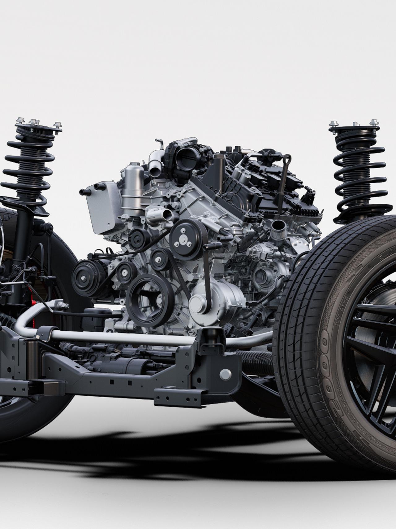 Une coupe montrant le moteur EcoBoost® de 3,0 L en option sur un châssis Ford Explorer® Tremor® 2027