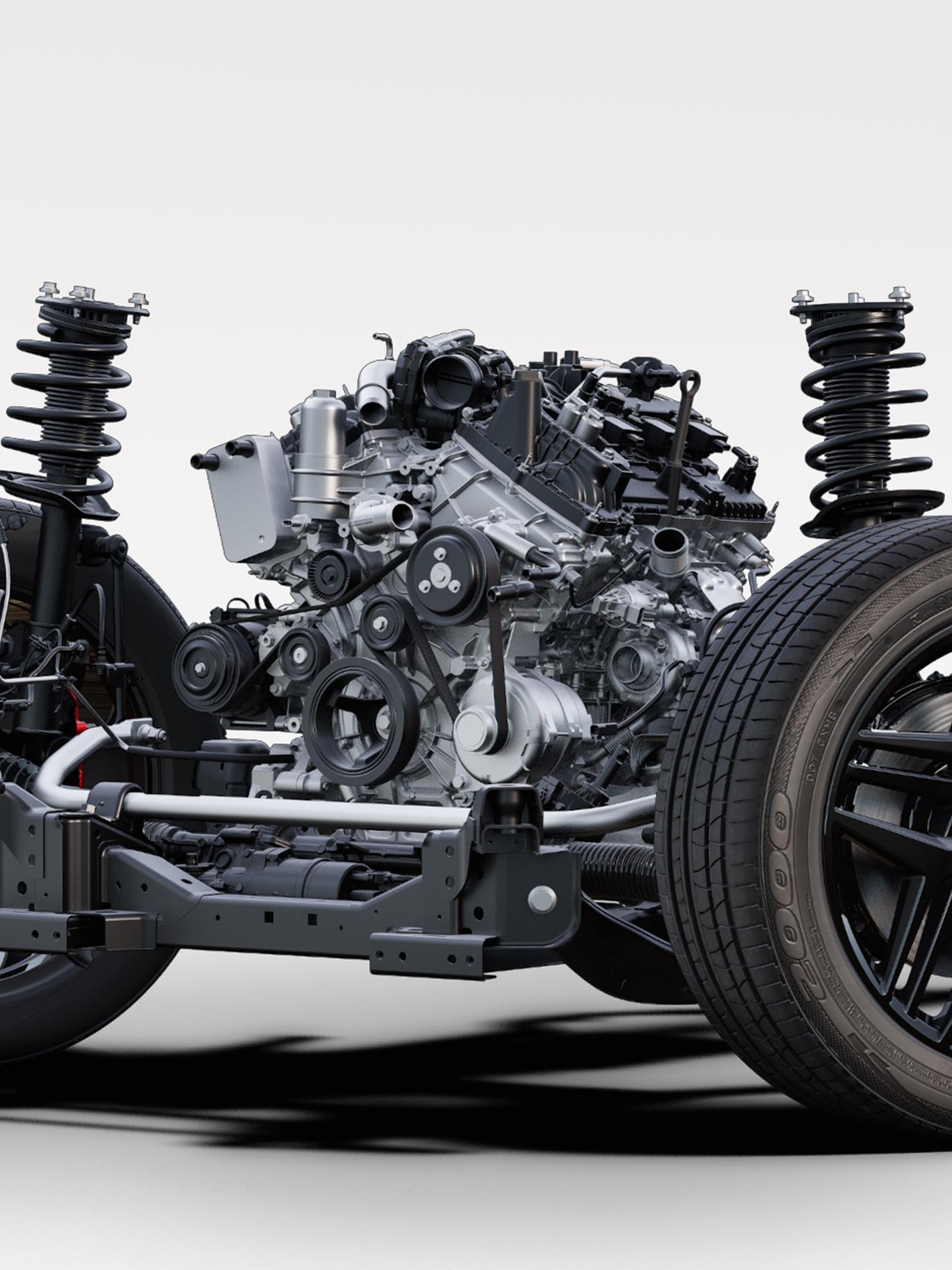 Une vue en coupe du moteur EcoBoost® de 3,0 L sur un châssis Ford Explorer® ST 2027