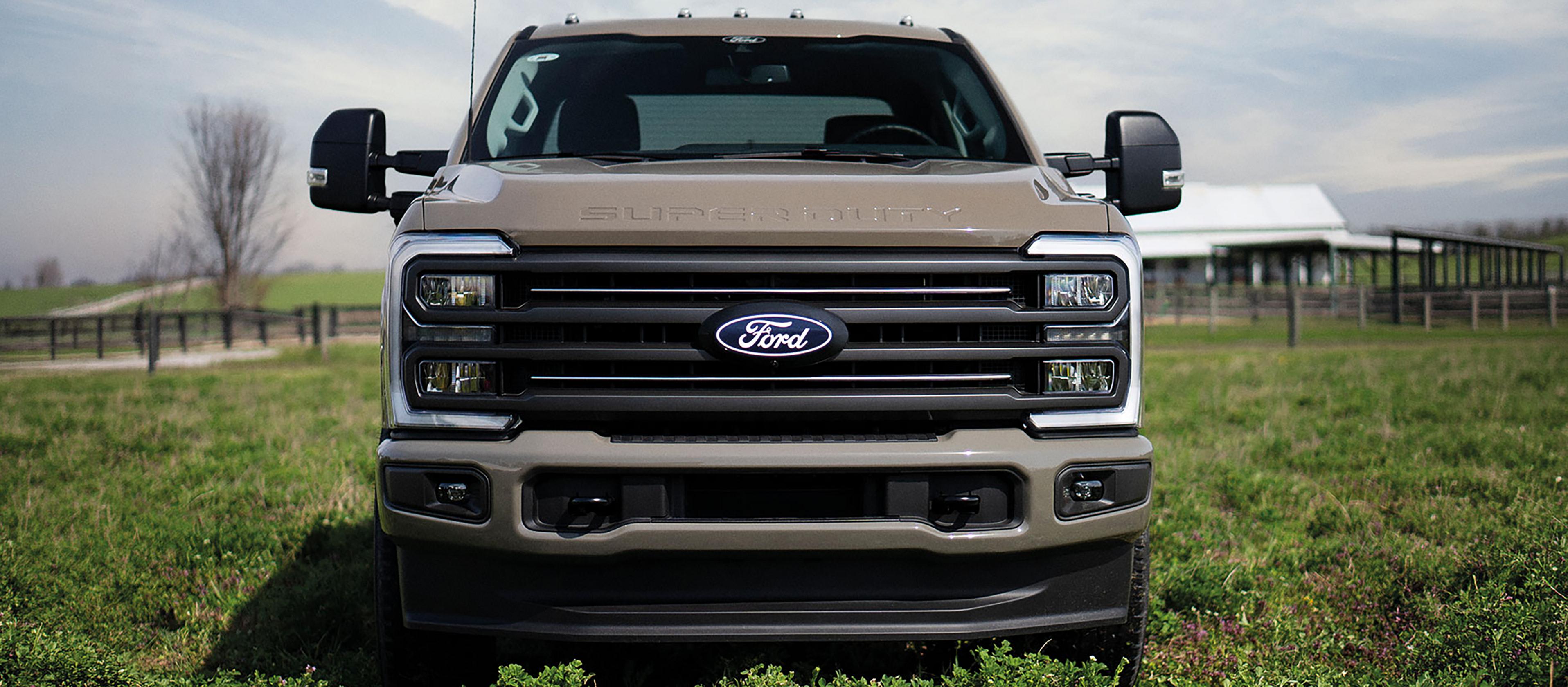 Un modèle Ford Super Duty® F-250® XLT 2027 équipé de l'ensemble Super Duty Carhartt® garé dans un champ herbeux