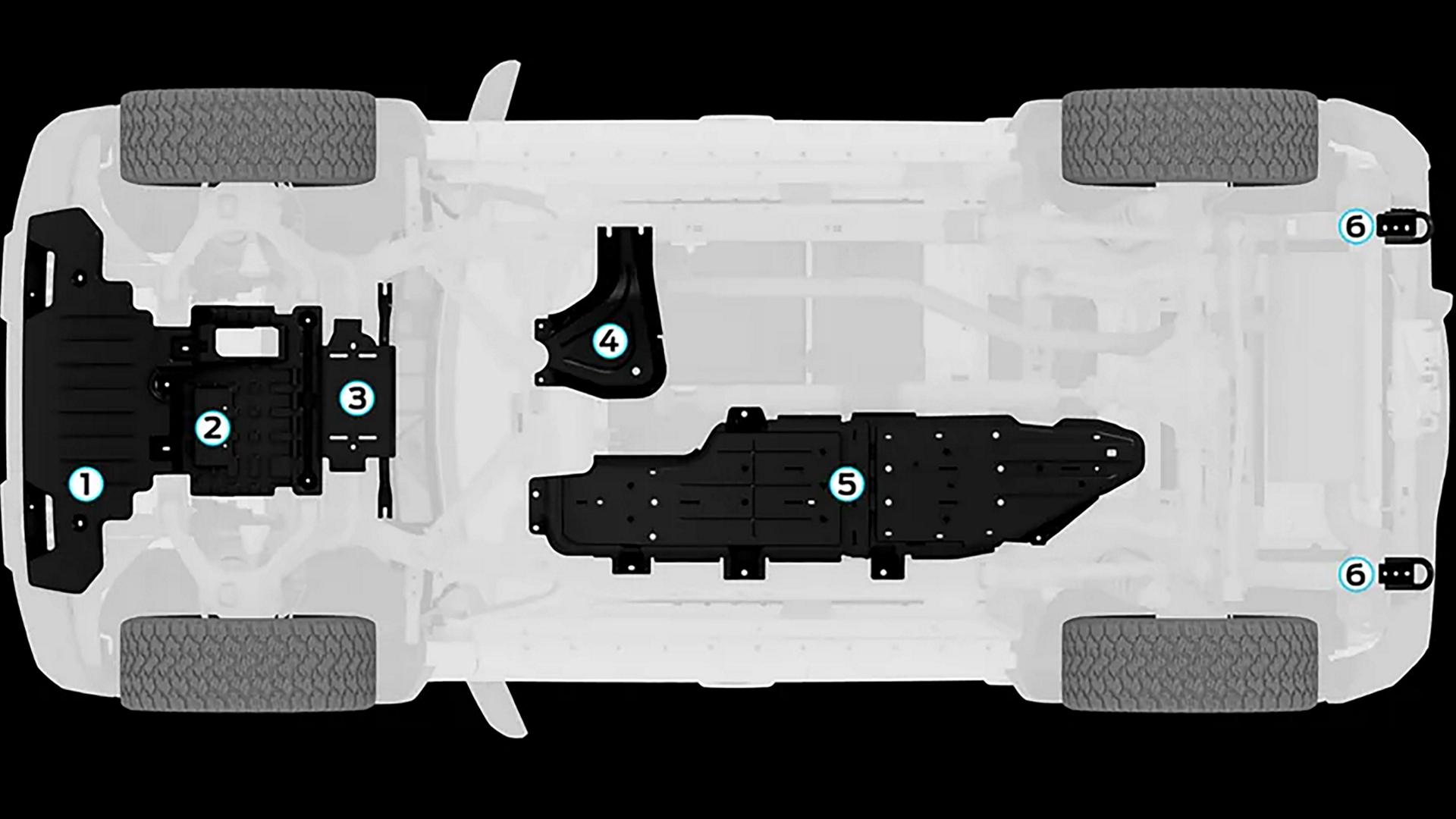 Une illustration du dessous d’un VUS Ford Bronco® 2025, montrant les emplacements des plaques de protection en acier en option