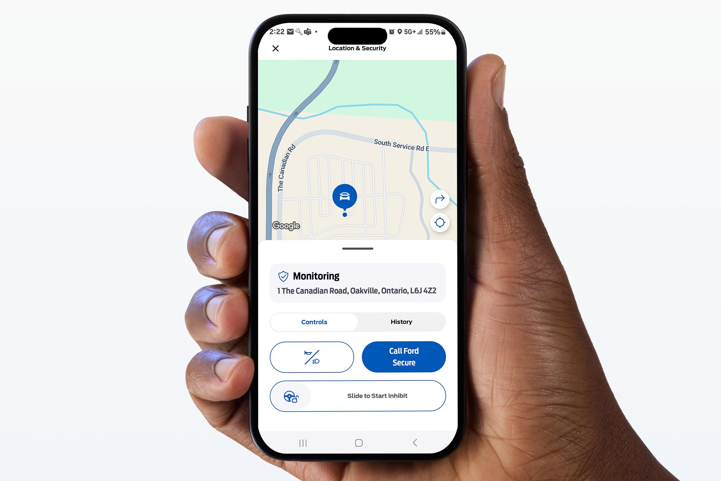 Téléphone intelligent affichant la fonction Start Inhibit dans l’application Ford.