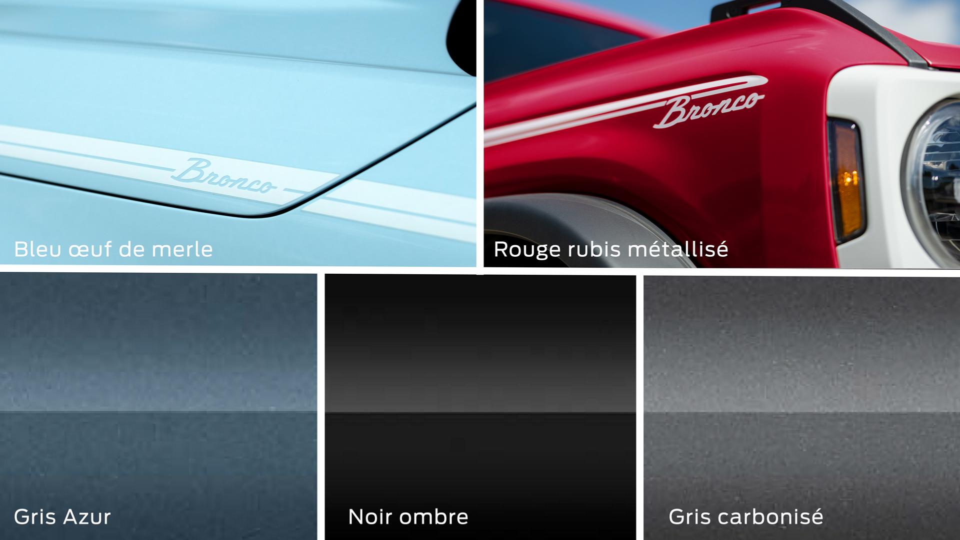 Échantillons de couleurs illustrant les couleurs de peinture traditionnelles en option sur un VUS Ford Bronco® 2025