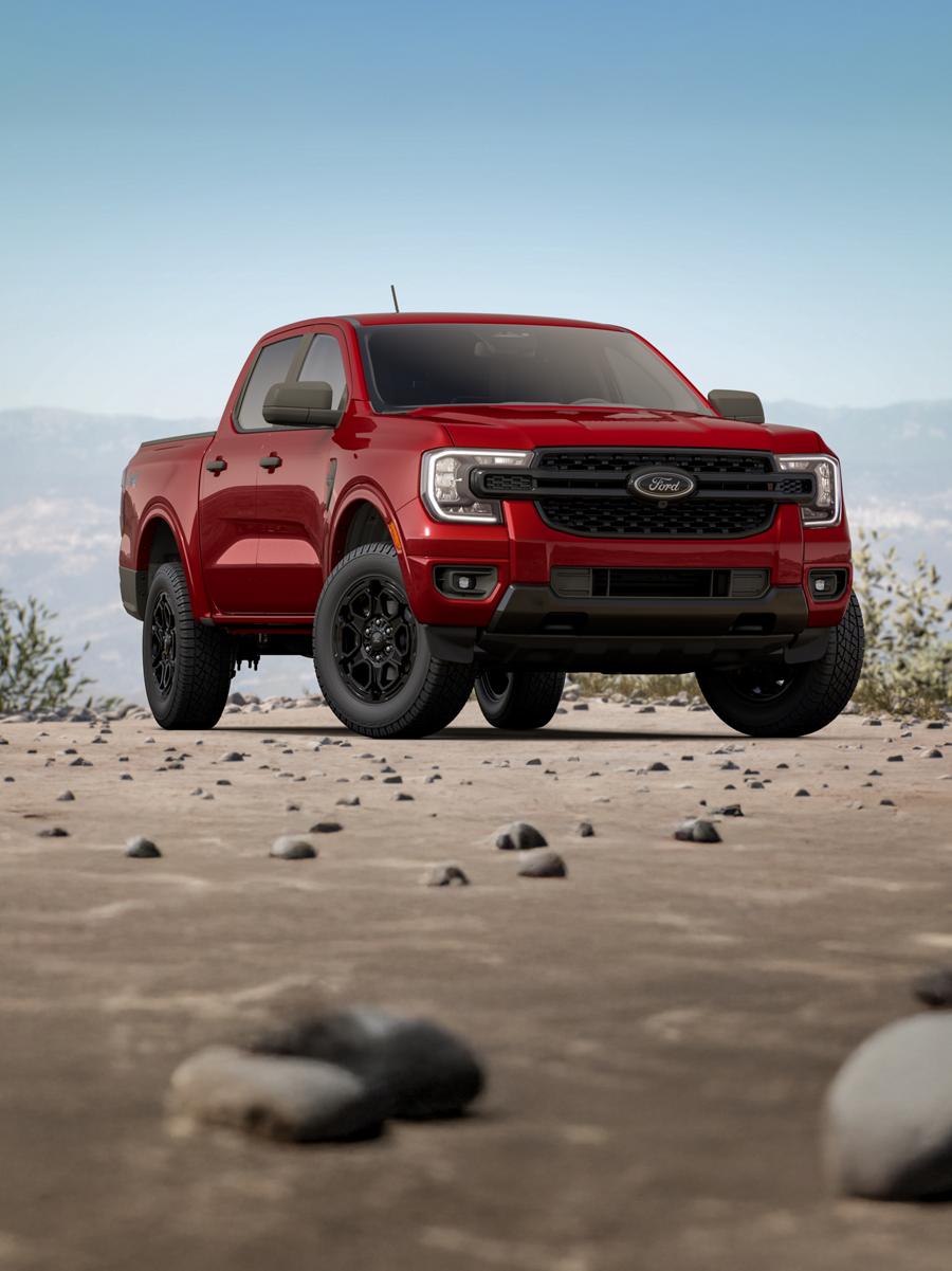 A Black Appearance Package parked in a field at the foot of the mountains