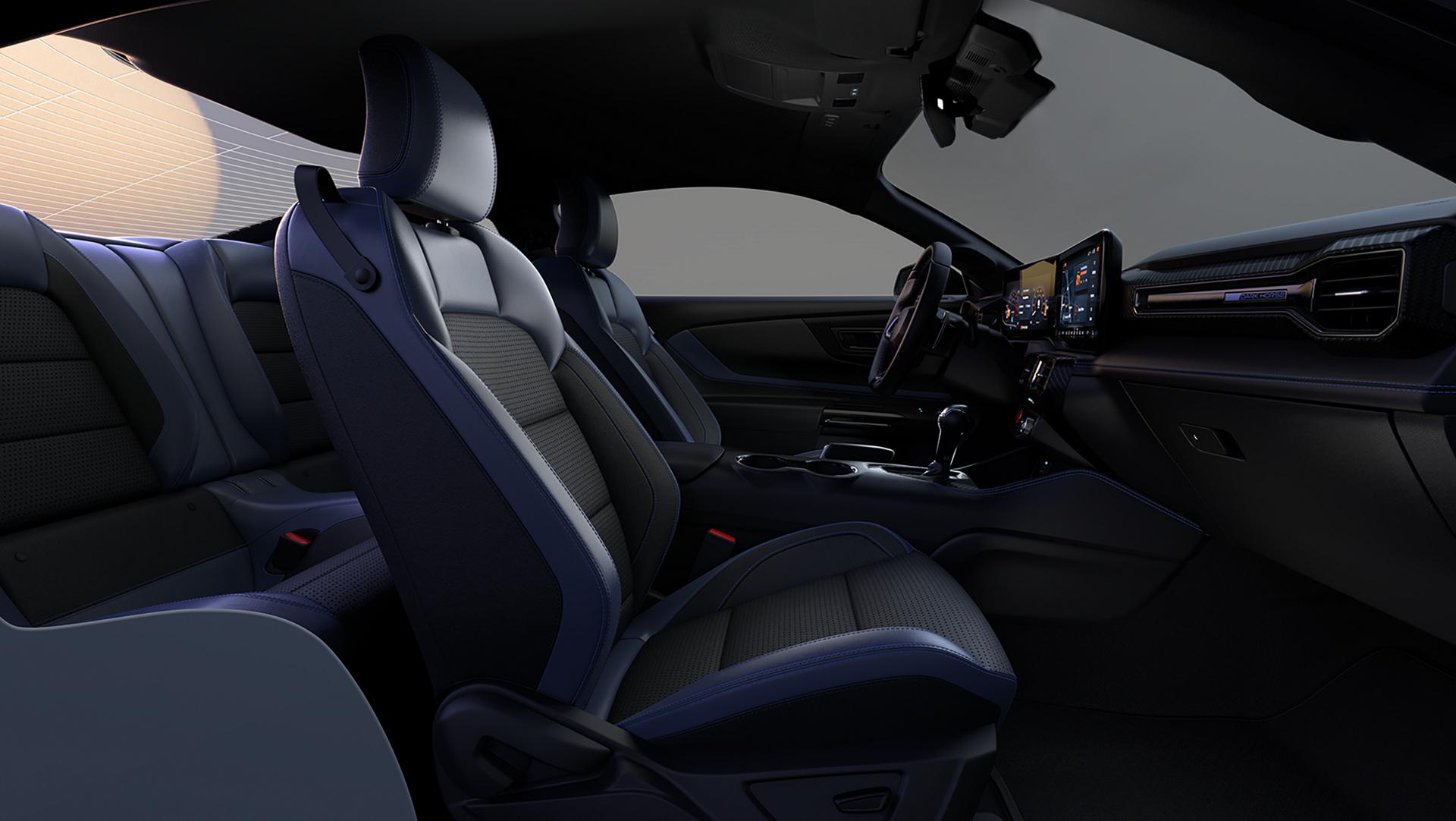 Intérieur de la Ford Mustang® 2026 montrant l’environnement intérieur Dinamica® noir et bleu en option