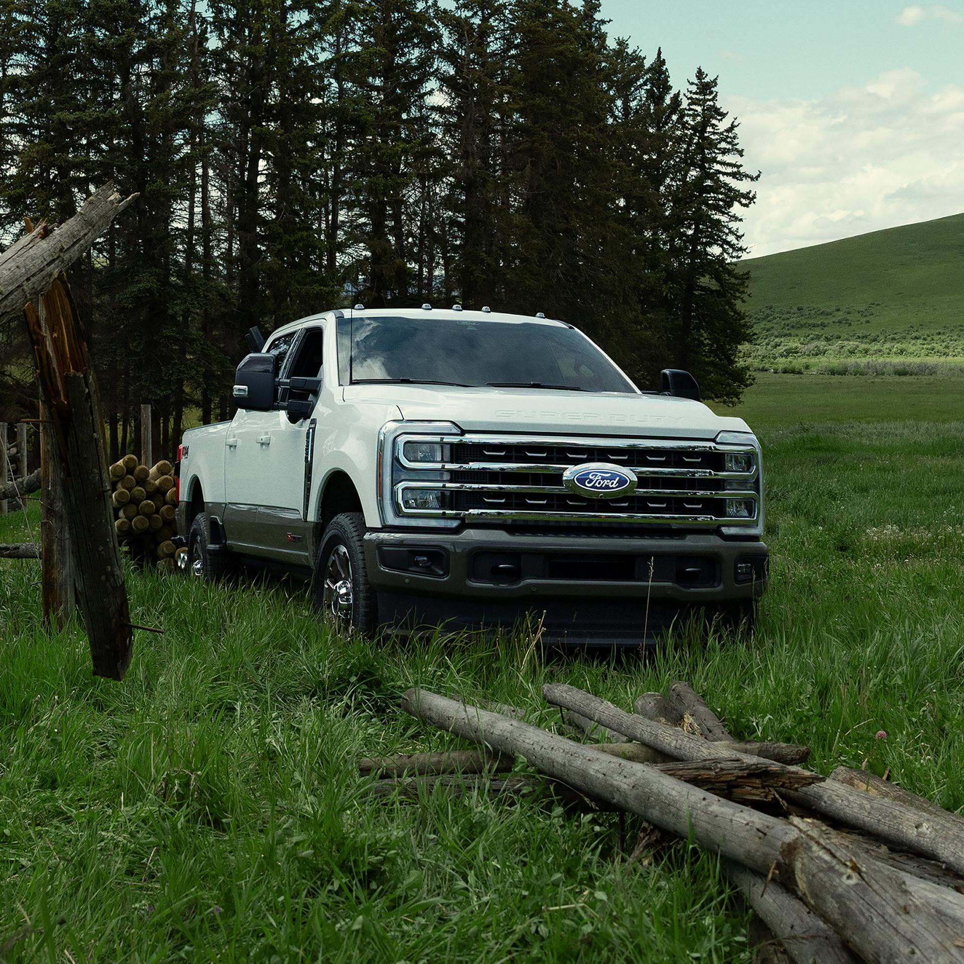 Modèle Ford Super Duty® F-450® Platinum™ 2027 de couleur gris carbonisé stationné dans un terrain de camping avec une roulotte en arrière-plan.