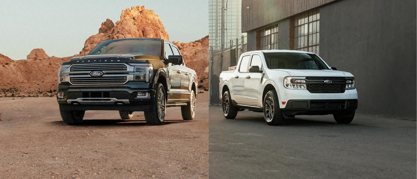 Un F-150 hybride stationné dans un paysage désertique. Un Ford Maverick stationné devant un immeuble commercial.