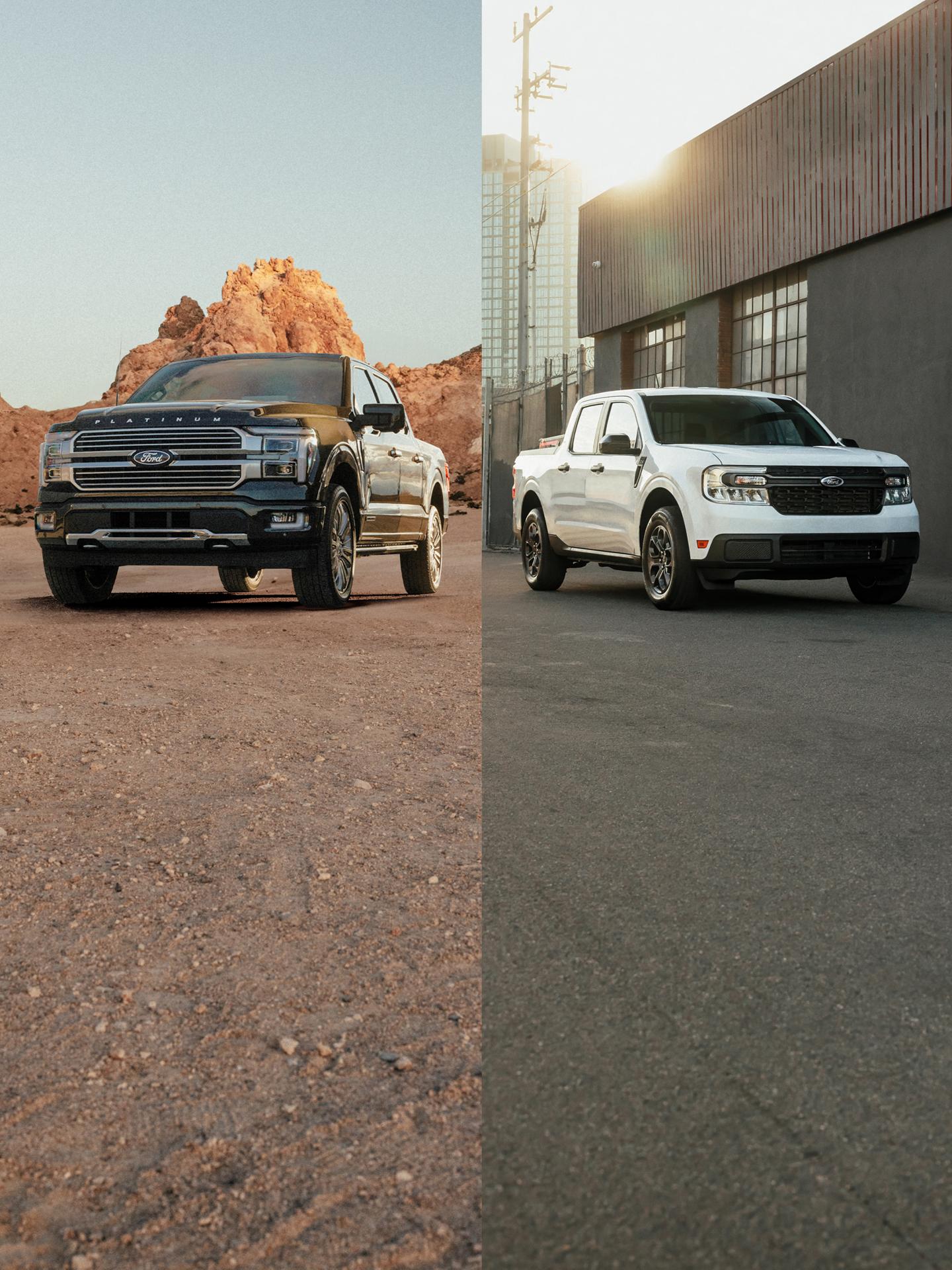 Un F-150 hybride stationné dans un paysage désertique. Un Ford Maverick stationné devant un immeuble commercial.