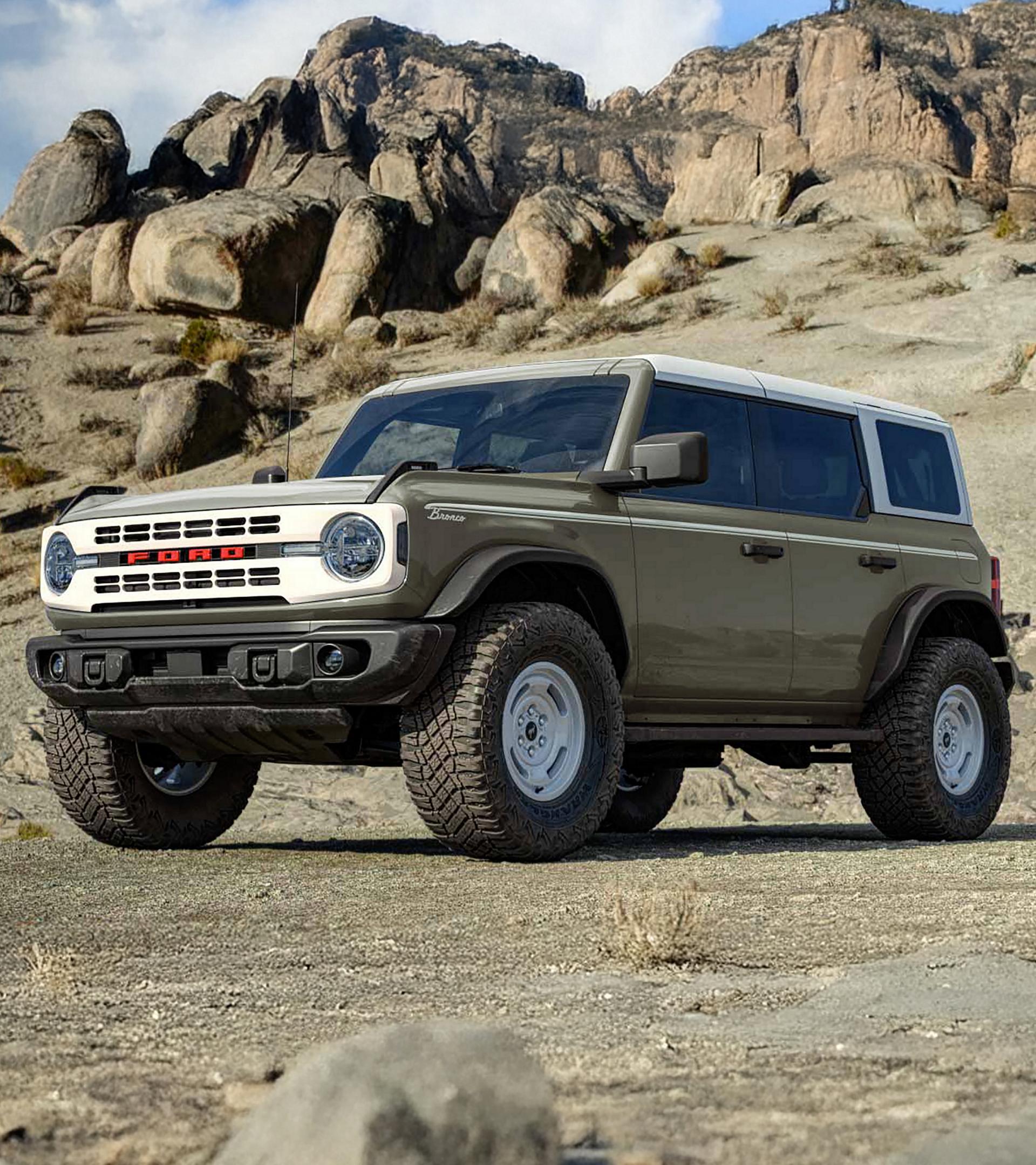 Un VUS Ford Bronco® Heritage Edition 2026 garé sur une vasière, avec une falaise rocheuse en arrière-plan.