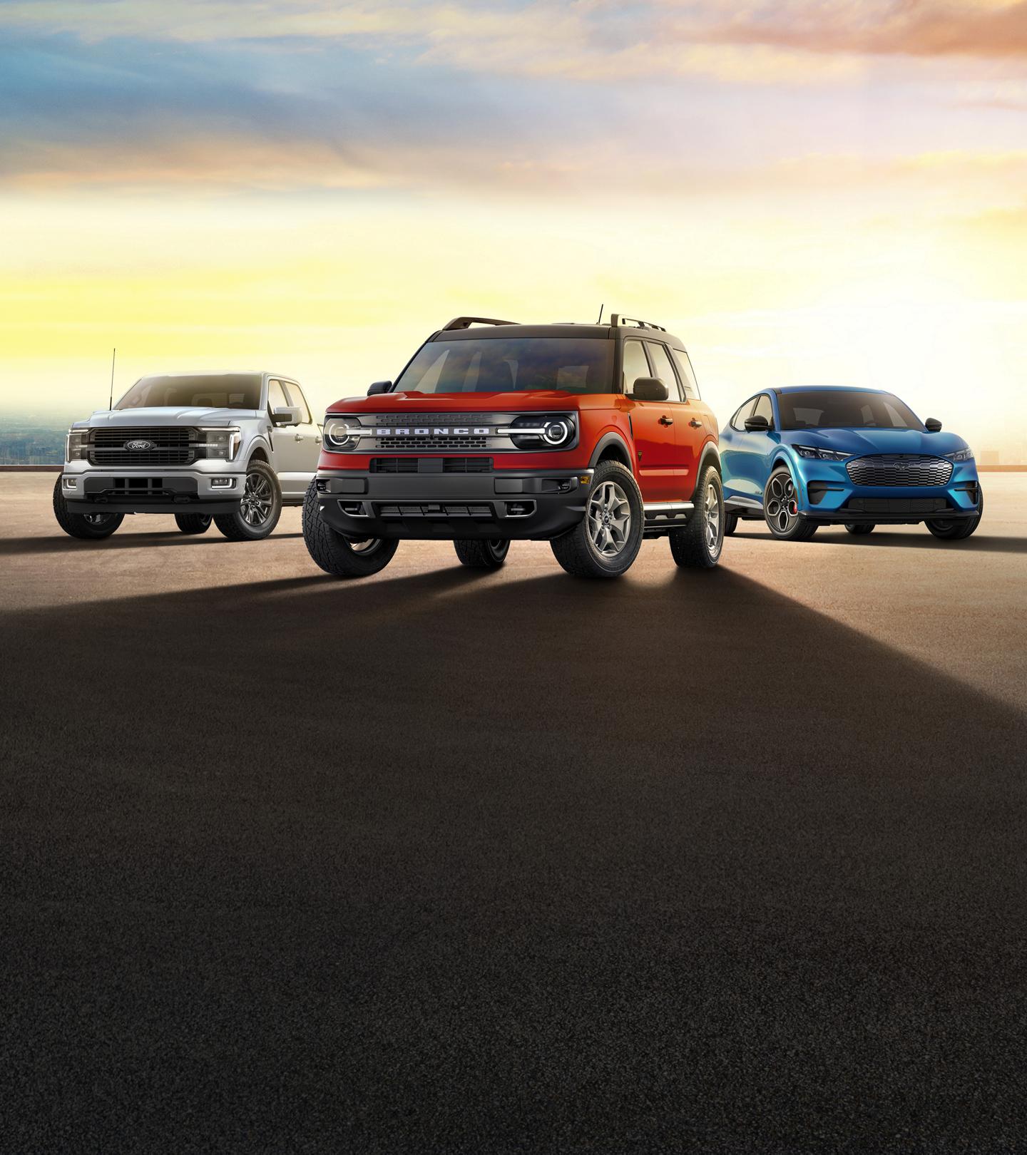 Un Ford Escape, un F 150, un Bronco Sport, un Bronco et une Mustang Mach E.