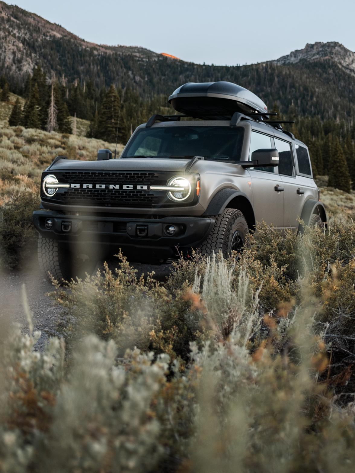 Un Bronco gris équipé d'un coffre de toit, garé dans un champ entouré de montagnes.