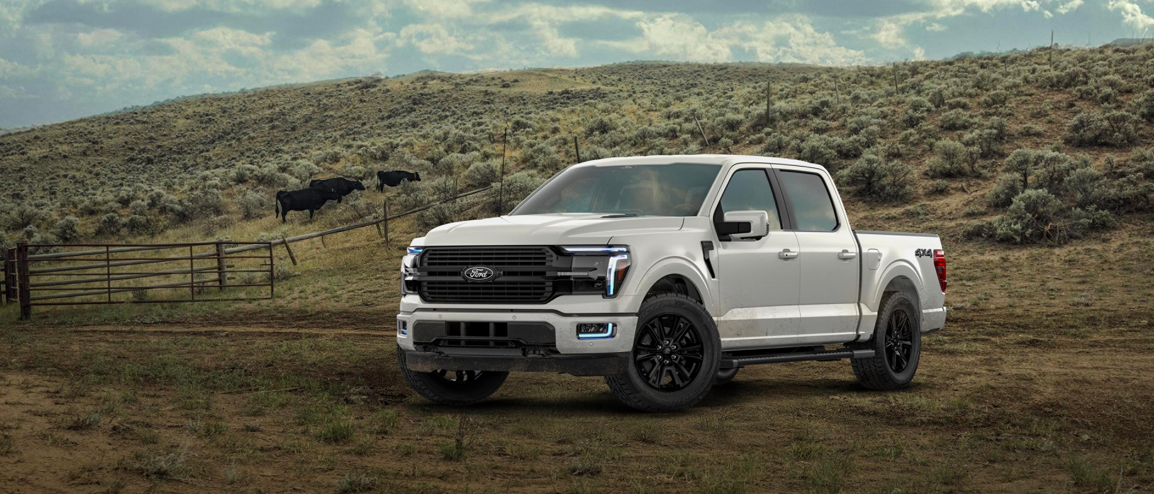 Modèle Ford F-150® Platinum® 2026 stationné sur une route de gravier dans une forêt