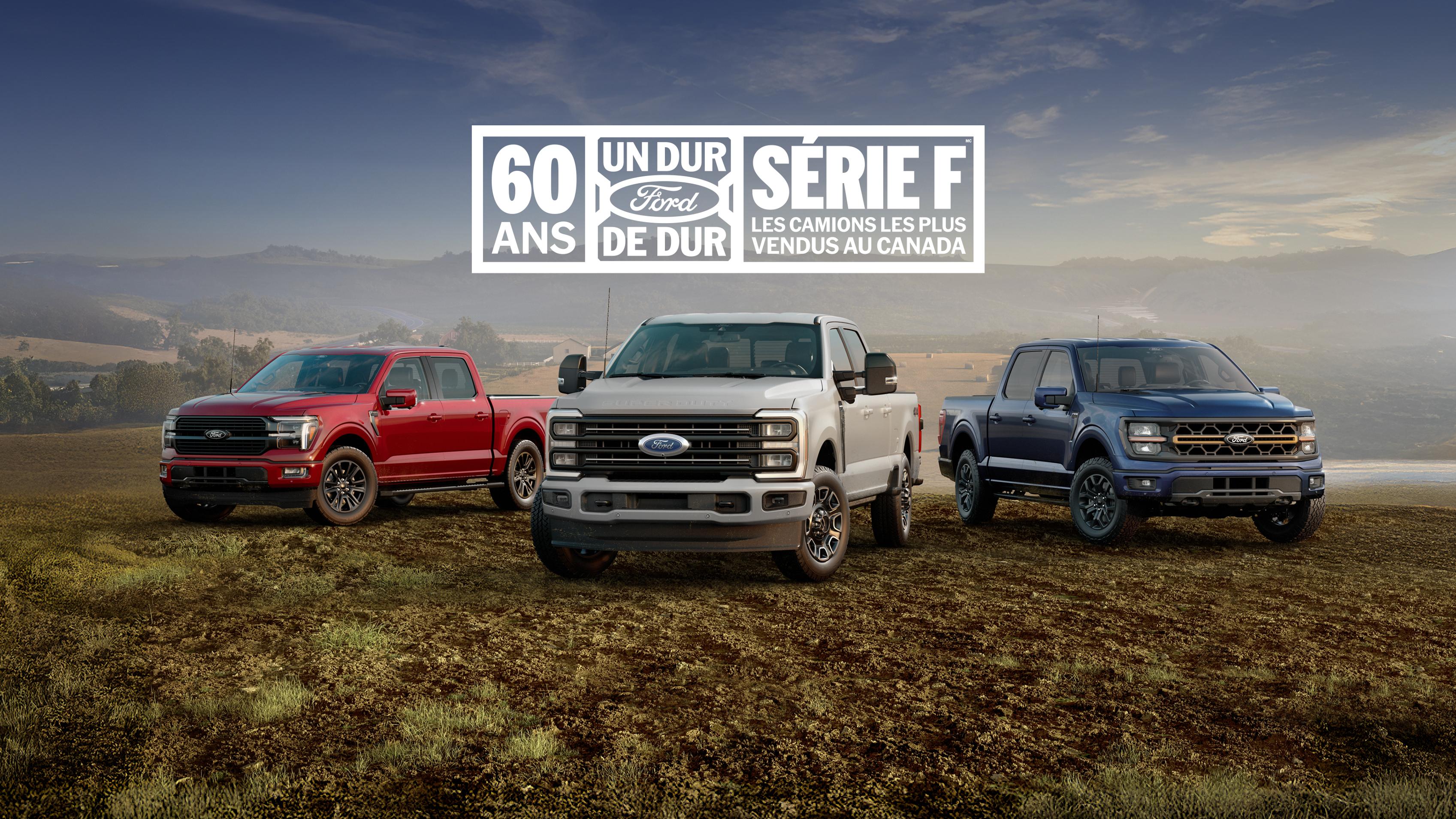 Trois camions de la Série F stationnés dans un champ.Texte affiché dans l’image. Conçus avec la robustesse Ford. Camions de la Série F les plus vendus au Canada.