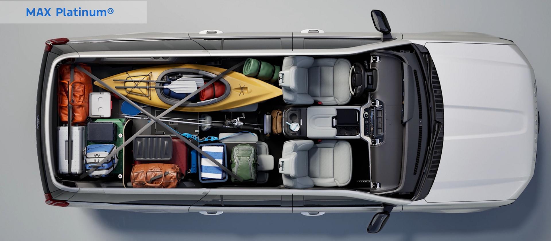 Ford Expedition® Platinum™ 2026 et configuration des sièges à l’intérieur d’un Expedition MAX® Platinum™, avec diverses cargaisons