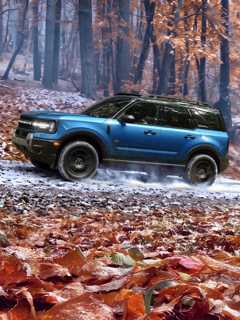 Un Bronco Sportᴹᴰ bleu roulant sur un sentier en forêt.