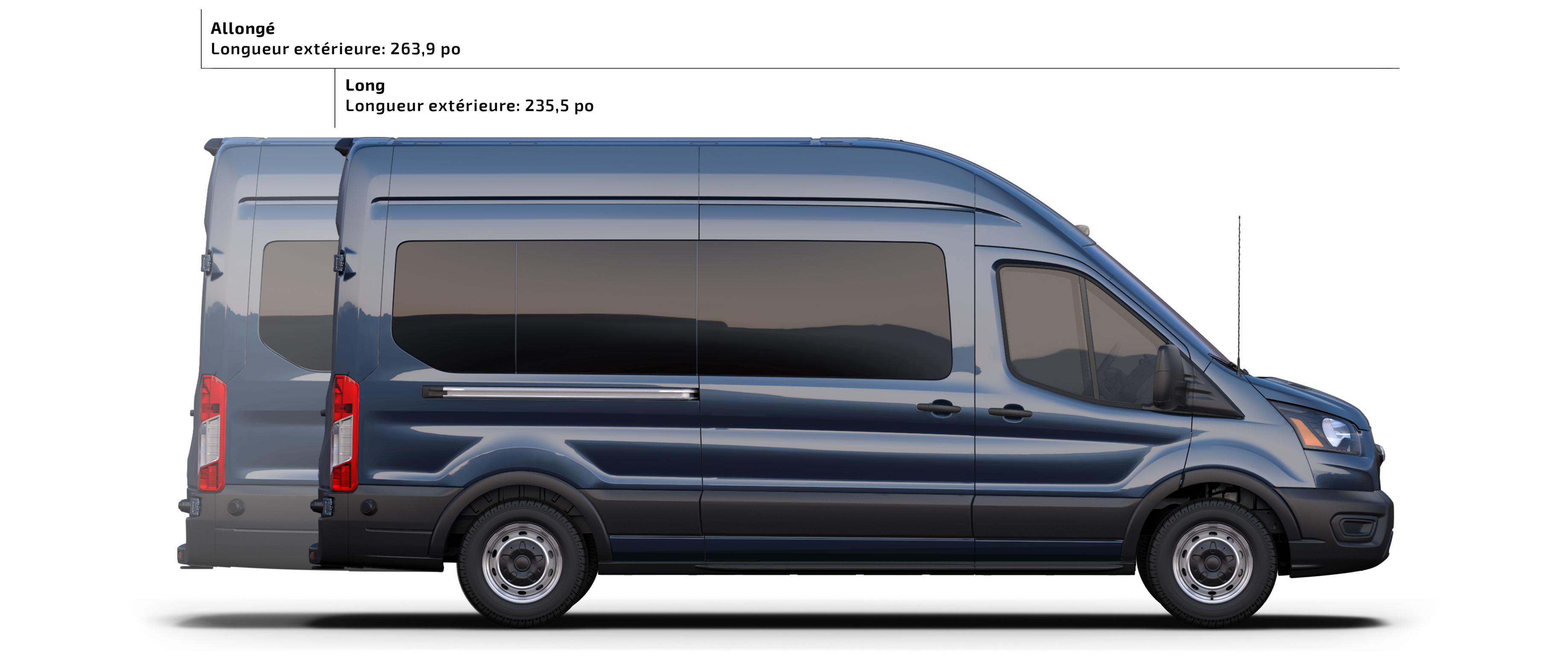 Illustration des deux longueurs d’une fourgonnette Ford Transit® 2025 avec dimensions
