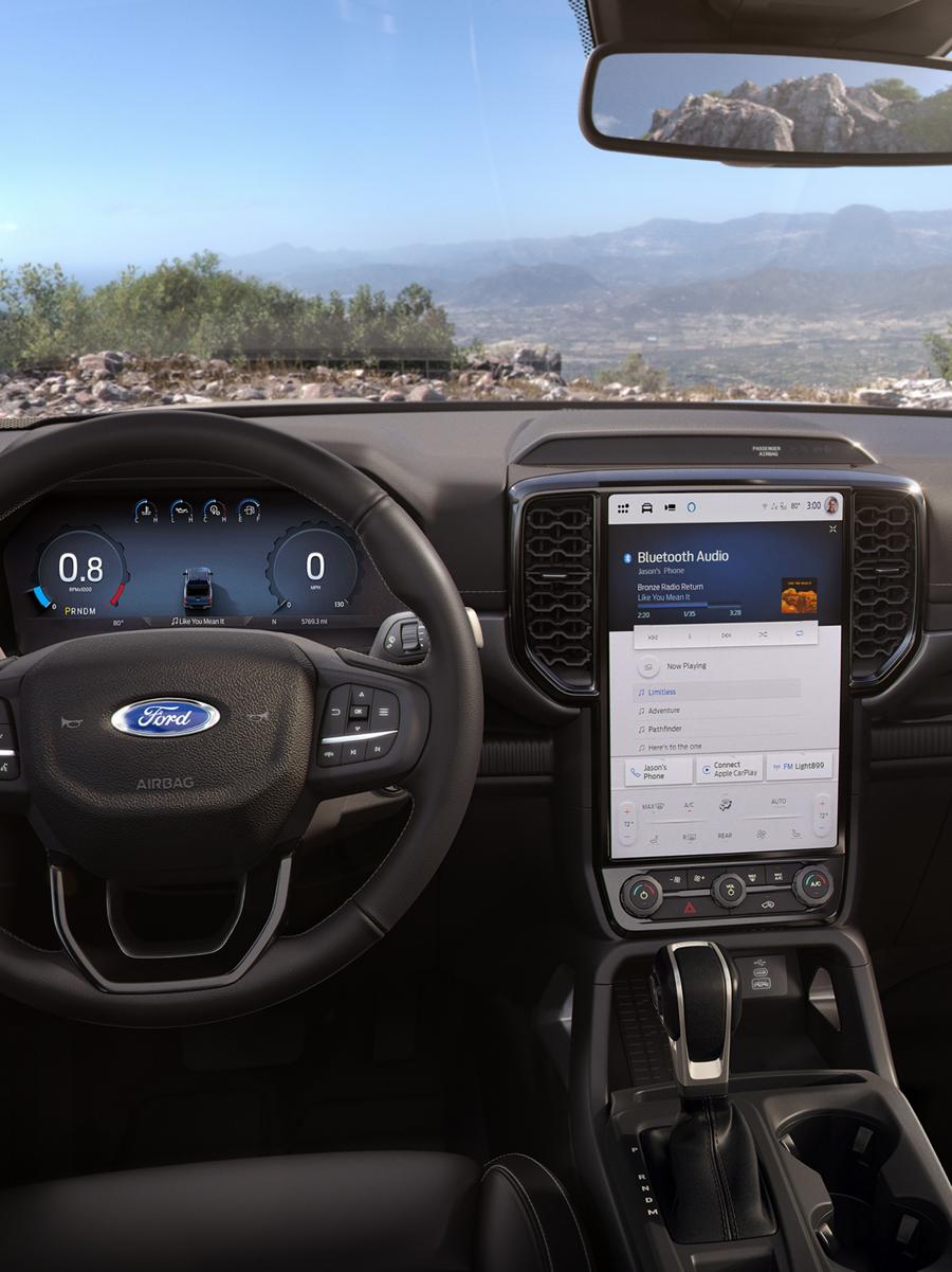 Interior of the 2025 Ford Ranger® pickup dash and center stack touchscreen