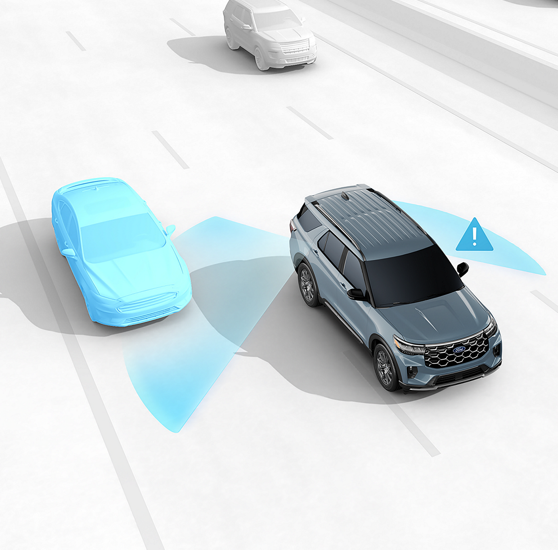 Une photo-illustration montrant un VUS Ford Explorer® 2027 en marche arrière et avertissant le conducteur de la présence d’un obstacle sur sa trajectoire