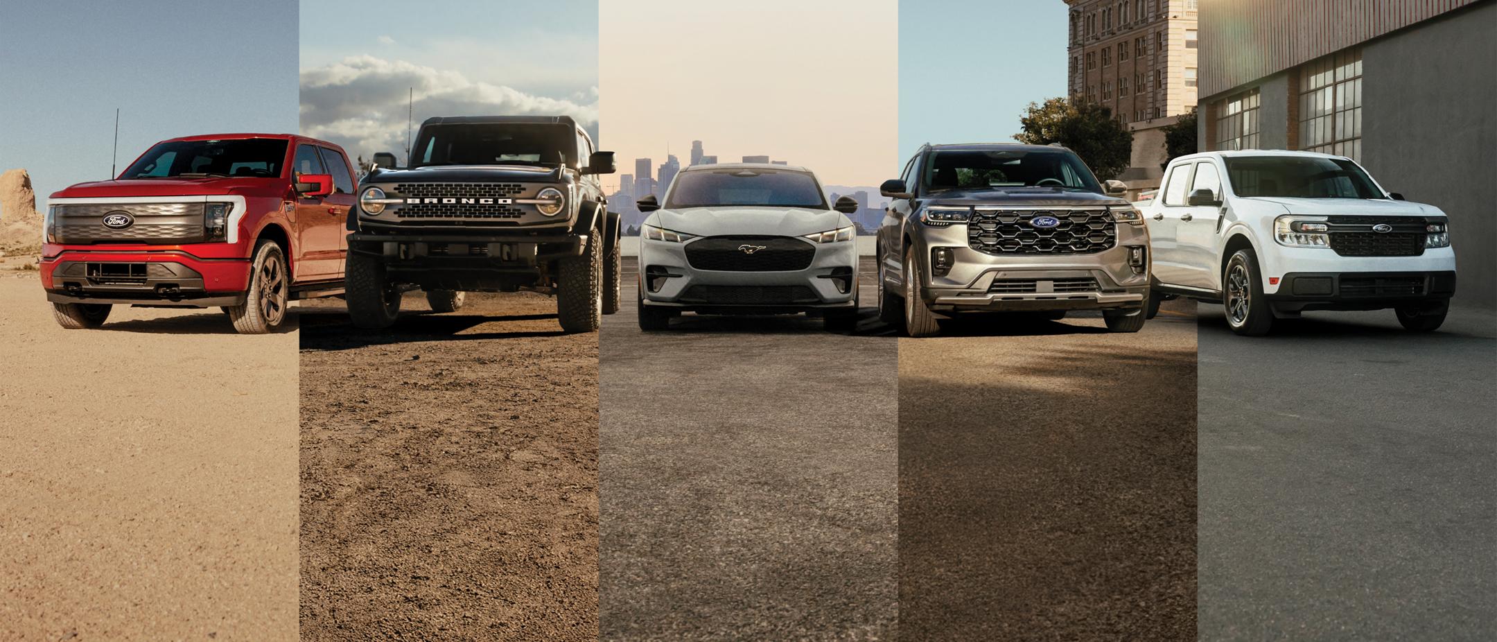 Un plan produit de véhicules Ford comprenant les F-150 Lightning, Bronco, Mustang Mach E, Explorer et Maverick.