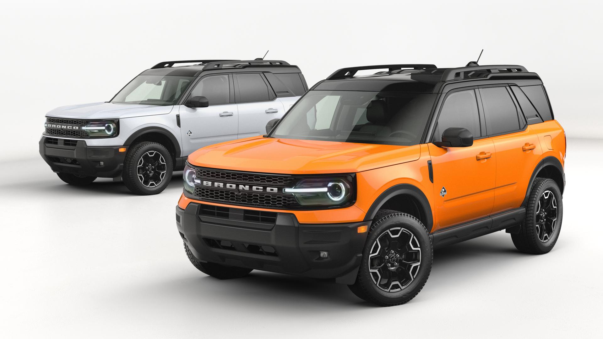 Deux VUS Ford Bronco Sport® 2026 stationnés côte à côte, l’un est Furie orangée métallisée et l’autre est Blanc spatial métallisé