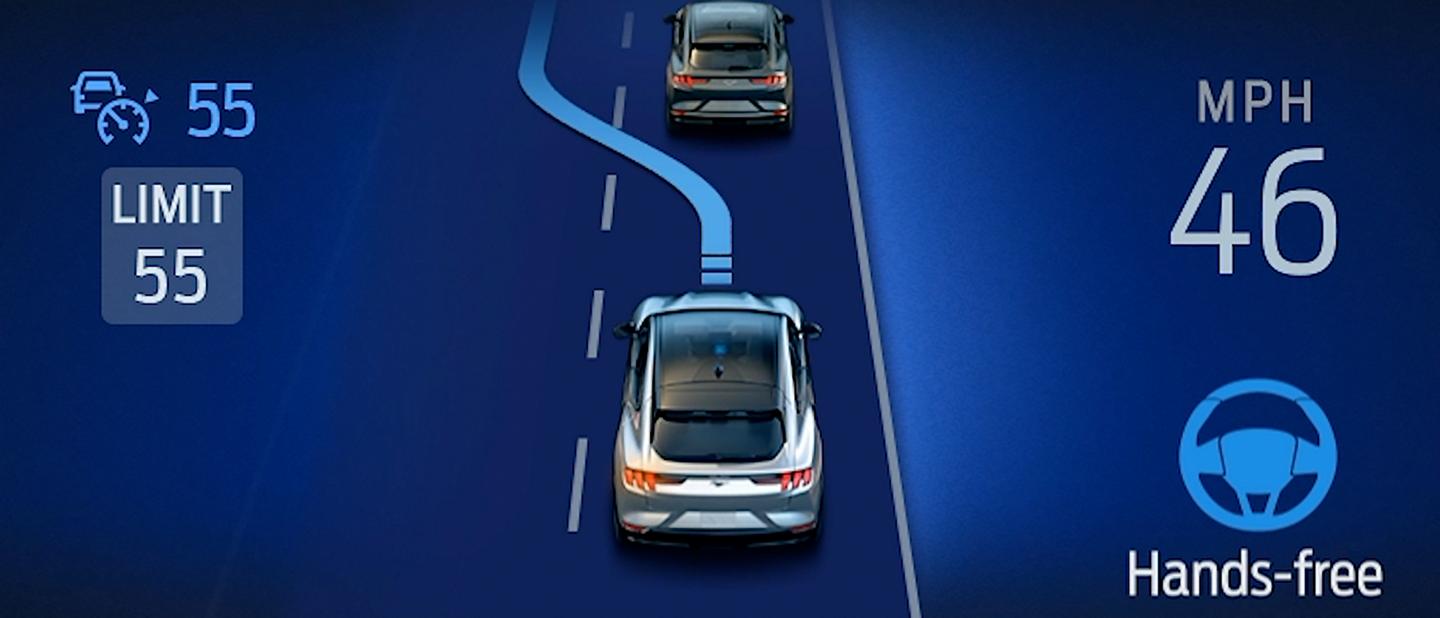 Le tableau de bord numérique d’un VUS Ford Explorer® 2026, montrant l’écran BlueCruise