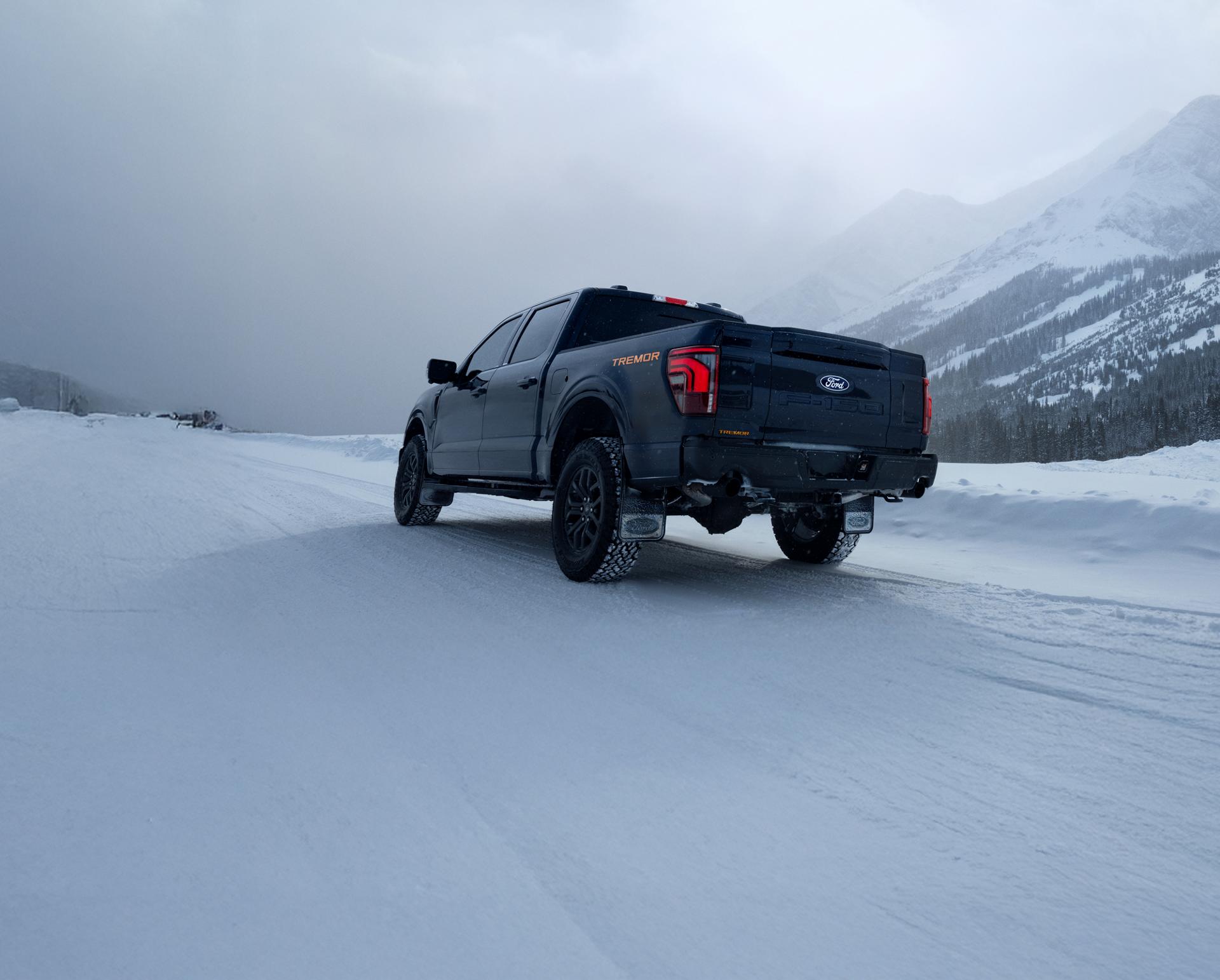 Vue arrière d’un F-150 Tremor sur une route de montagne enneigée.