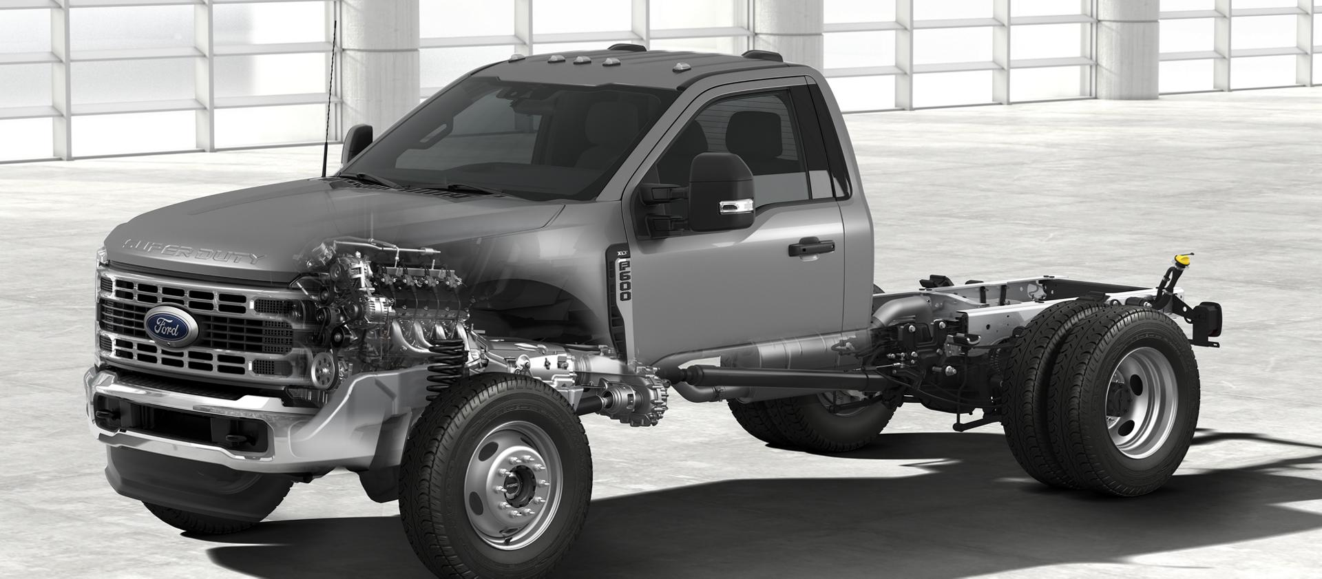 Illustration d’un Ford Super Duty® à châssis-cabine 2026 montrant le moteur et la transmission