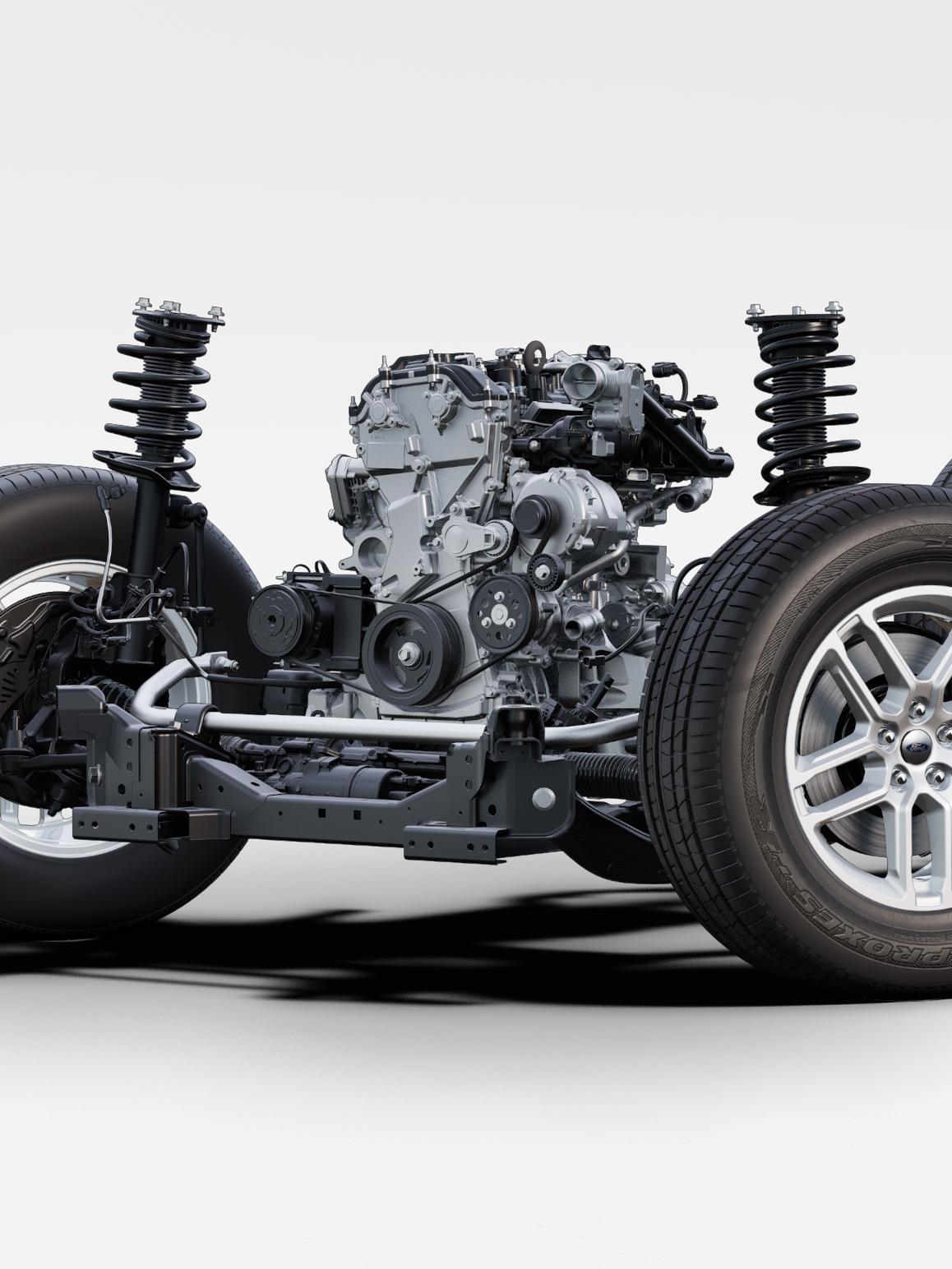Une coupe montrant un moteur EcoBoost® I-4 de 2,3 L sur un châssis Ford Explorer® Active 2027 